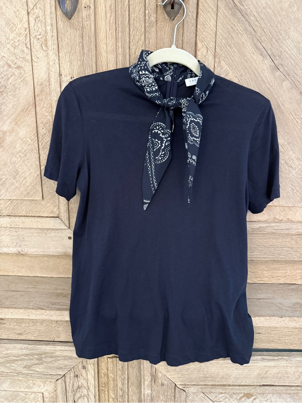 Sandro Navy Short-Sleeve Tee with Paisley Neck Scarf